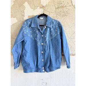 Vintage Jean Jacket Floral Embroidered Denim Bomber Teddi Made in USA Womens M